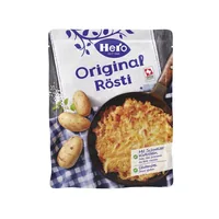 Hero Rösti Original 500 g - Produkttyp: Kartoffelgerichte - Nährwertangabe pro: 100 g - Energiegehalt (in kj): 462 KJ - Energiegehalt (in kcal): 111 Kcal - Fett: 5.7 g - Gesättigte Fettsäuren: 0.5 g