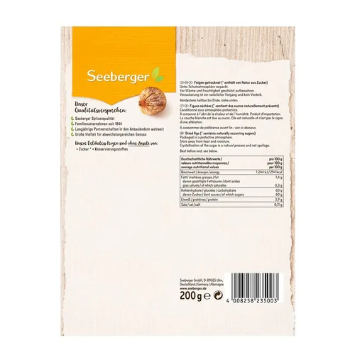 Seeberger Delikatess-Feigen 200 g - Produkttyp: Feigen - Nährwertangabe pro: 100 g - Energiegehalt (in kj): 1.215 KJ - Energiegehalt (in kcal): 288 Kcal - Fett: 1.4 g - Gesättigte Fettsäuren: 0.2 g