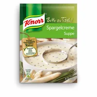 Knorr Spargel-Crème Suppe 4 Portionen - Produkttyp: Beutelsuppen - Nährwertangabe pro: 100 g - Energiegehalt (in kj): 104 KJ - Energiegehalt (in kcal): 25 Kcal - Fett: 0.7 g - Gesättigte Fettsäuren: 0.3 g