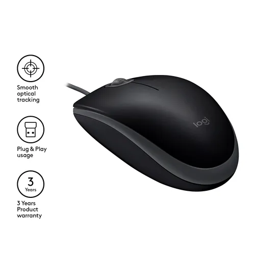 Logitech Maus B110 Silent - Maus-Typ: Standard - Maus Features: Silent-Tasten - Scrollrad - Bedienungsseite: Universal - Detailfarbe: Schwarz - Verbindungsart: Verkabelt - Schnittstelle: USB-A