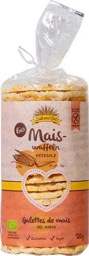 Leib und Gut Bio Maiswaffeln Meersalz 120 g - Produkttyp: Waffeln - Nährwertangabe pro: 100 g - Energiegehalt (in kj): 1436 KJ - Energiegehalt (in kcal): 338 Kcal - Fett: 0.8 g - Gesättigte Fettsäuren: 0.1 g