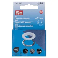 Prym Ösen + Scheiben 11 mm, Weiss-Silber - Verpackungseinheit: 20 Stück - Detailfarbe: Silber - Weiss - Produkttyp: Ösen