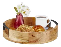 relaxdays Serviertablett Mangoholz Natur, Schwarz, 35 cm - Material: Holz - Eisen - Detailfarbe: Hellbraun - Schwarz - Motiv: Kein