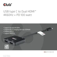 CLUB3D USB-C® Hub to Dual HDMI™ 4K60Hz M/F+PD3.0 100 Watt