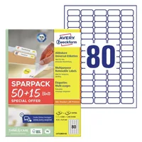Avery Zweckform Universal-Etiketten L4732REV-65, 35.6 x 16.9 mm, 65 Blatt - Klebehaftung: Ablösbar - Drucker Kompatibilität: Inkjet - Laser - Anzahl Blatt: 65 × - Papierformat: A4 - Anzahl Etiketten: 5200 - Etikettengrösse: 35.6 x 16.9 mm