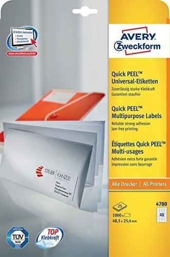 Avery Zweckform Universal-Etiketten 4780 48.5 x 25.4 mm, 25 Blatt - Klebehaftung: Permanent - Drucker Kompatibilität: Laser - Inkjet - Anzahl Blatt: 25 × - Papierformat: A4 - Anzahl Etiketten: 1000 - Etikettengrösse: 48.5 x 25.4 mm