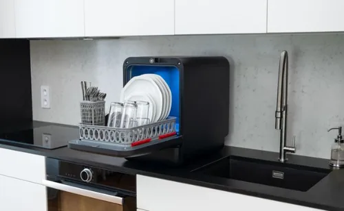 Daan Tech Tischgeschirrspüler Bob Schwar matt - Energieeffizienzklasse: Keine - Energieeffizienzklasse: F - Einbaunormen: Keine - Einbaumodell: Nein - Geräuschentwicklung in Betrieb: 43 dBA - Breite: 34 cm
