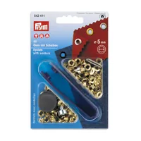 Prym Ösen + Scheiben 5 mm, Gold, 40 Stück - Verpackungseinheit: 40 Stück - Detailfarbe: Gold - Produkttyp: Ösen