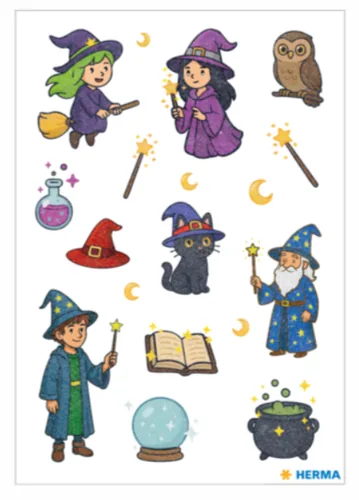 Herma Stickers Motivsticker Hexen Zauberer, Beglimmert 1 Blatt / 17 Sticker - Motiv: Zauberer