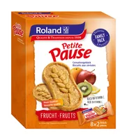 Roland Snacks Petite Pause Frucht 280 g - Produkttyp: Crackers - Nährwertangabe pro: 100 g - Energiegehalt (in kj): 1910 KJ - Energiegehalt (in kcal): 455 Kcal - Fett: 18 g - Gesättigte Fettsäuren: 3.4 g