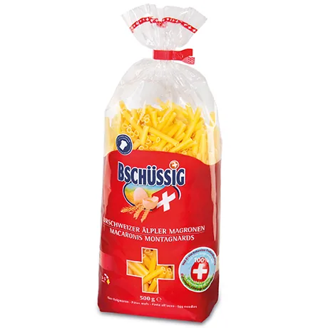 Bschüssig Teigwaren   Urschweizer Älpler Magronen 500 g - Produkttyp: Penne & Röhren - Nährwertangabe pro: 100 g - Energiegehalt (in kj): 1520 KJ - Energiegehalt (in kcal): 361 Kcal - Fett: 3 g - Gesättigte Fettsäuren: 1 g