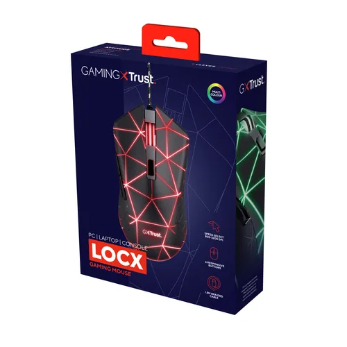 Trust Gaming-Maus GXT 133 Locx - Maus Features: Geflechtkabel - Umschaltbare DPI-Auflösung - Daumentaste - Beleuchtung - Scrollrad - Bedienungsseite: Universal - Detailfarbe: Schwarz - Gewicht: 86 g - 133 g - Verbindungsart: Verkabelt - Schnittstelle: USB
