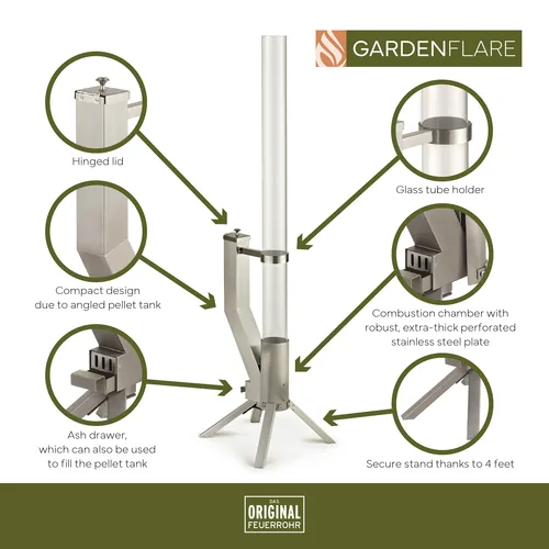 Gardenflare Klassik Feuerrohr Silber - Zusatzausstattung: Keine - Typ: Ambiente - Höhe: 130 cm - Durchmesser: 8 cm - Material: Borosilikatglas - Edelstahl - Edelstahl (pulverbeschichtet) - Metall