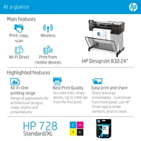 HP Designjet T830 24-in Multifunction Printer Großformatdrucker WLAN Tintenstrahl Farbe 2400 x 1200 DPI 610 x 1897 mm Ethernet/LAN