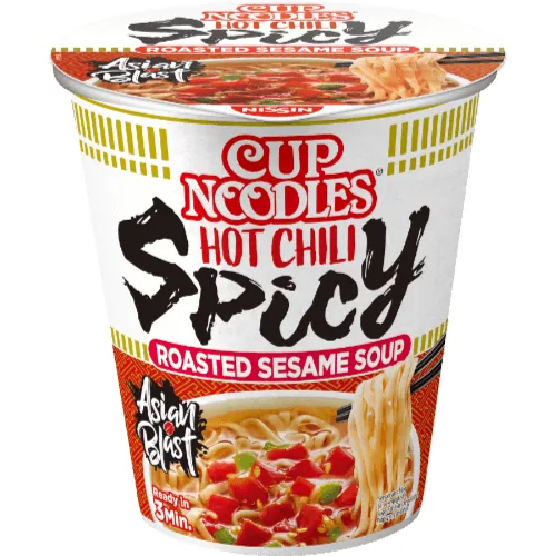 Nissin Food Roasted Sesame Soup Noodles Hot Chili Spicy 66 g - Produkttyp: Asiatische Nudelgerichte - Nährwertangabe pro: 100 g - Energiegehalt (in kj): 349 KJ - Energiegehalt (in kcal): 83 Kcal - Fett: 3.7 g - Gesättigte Fettsäuren: 2 g