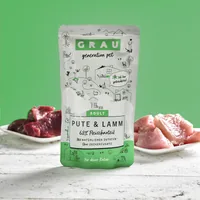 Grau Nassfutter Pute & Lamm, 16 x 125 g - Tierbedürfnis: Kein besonderes Bedürfnis - Geschmacksrichtung: Geflügel - Lamm - Zertifikate: Keine Zertifizierung - Fleischsorte: Truthahn - Lamm - Futtereigenschaft: Glutenfrei - Ohne Zuckerzusatz - Hoher Fleisc