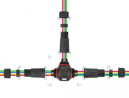Delock Kabelverbinder T-Form für Außenbereich 4 Pin, IP68 wasserdicht, schraubbar, Kabeldurchmesser 4,5 - 7,5 mm schwarz