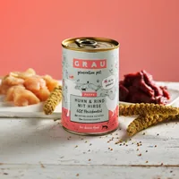 Grau Nassfutter Puppy – Huhn, Rind und Hirse 400 g - Tierbedürfnis: Wachstum & Trächtigkeit - Geschmacksrichtung: Rind - Geflügel - Zertifikate: Keine Zertifizierung - Fleischsorte: Rind - Huhn - Packungsgrösse: 400 g - Futtereigenschaft: Ohne künstliche 