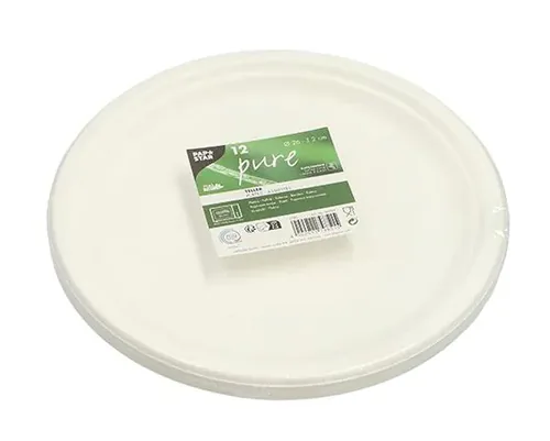 Papstar Einwegteller Pure Zuckerrohr D 26 cm 12 Stück - Produkttyp: Einwegteller - Materialtyp: Pflanzliche Faser - Material: Zuckerrohrpulpe (Bagasse) - Detailfarbe: Weiss - Verpackungseinheit: 12 Stück