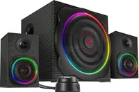 Speedlink PC-Lautsprecher Gravity Carbon RGB 2.1 - Audiokanäle: 2.1 - Detailfarbe: Schwarz - Schnittstellen: Cinch - Ausstattung: Lautstärkeregler - AUX-Anschluss - Lichteffekte - Fernbedienung - Bluetooth