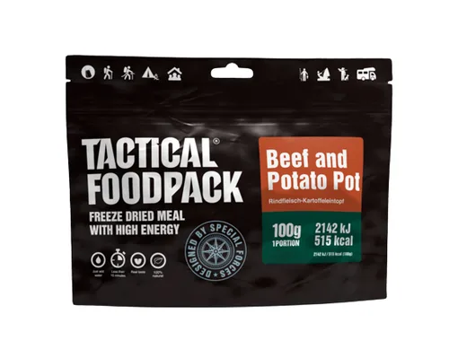 Tactical Foodpack Hauptgericht Beef and Potato Pot - Produkttyp: Kartoffelgerichte - Nährwertangabe pro: 1 Stück - Energiegehalt (in kj): 2120 KJ - Energiegehalt (in kcal): 510 Kcal - Fett: 33 g - Gesättigte Fettsäuren: 15 g