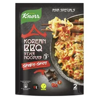 Knorr Fertiggericht Asia Specials Korean BBQ Noodles 2 Portionen - Produkttyp: Asiatische Nudelgerichte - Nährwertangabe pro: 100 g - Energiegehalt (in kj): 1496 KJ - Energiegehalt (in kcal): 357 Kcal - Fett: 1.7 g - Gesättigte Fettsäuren: 0.2 g