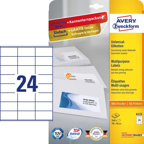 Avery Zweckform Universal-Etiketten 6122 70 x 36 mm, 10 Blatt - Klebehaftung: Permanent - Drucker Kompatibilität: Laser - Inkjet - Anzahl Blatt: 10 × - Papierformat: A4 - Anzahl Etiketten: 240 - Etikettengrösse: 70 x 36 mm