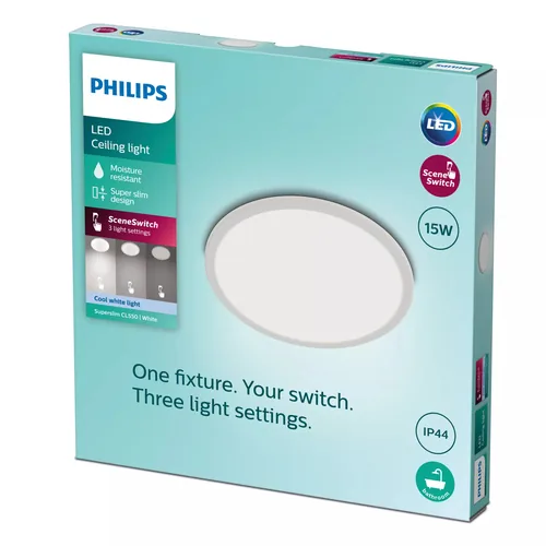Philips Deckenleuchte LED SceneSwitch CL550 IP44 1500 lm 4000K - Leuchten Kategorie: Deckenleuchte - Betriebsart: Netzbetrieb - Lampensockel: LED fest verbaut - Farbtemperatur Kelvin: 4000 K - Dimmbar: nicht dimmbar - Farbwiedergabeindex CRI: 80