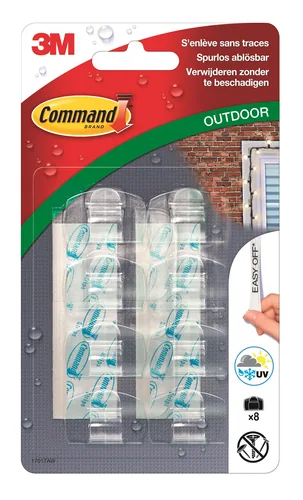 Command Haken Command Outdoor Transparent, 8 Haken - Verpackungseinheit: 8 Stück - Material: Kunststoff - Detailfarbe: Transparent - Maximale Tragkraft: 0.5 kg - Widerstandsfähigkeit: Frostbeständig - Witterungsbeständig - Outdoor - Klebehaftung: Ablösbar