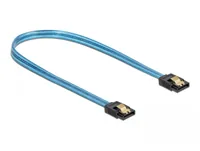 Delock SATA-Kabel UV Leuchteffekt blau 70 cm - Datenanschluss Seite A: SATA - Datenanschluss Seite B: SATA - Detailfarbe: Blau - Anzahl Ausgänge: 1 × - Winkelstecker: Nein - Kabellänge: 70 cm