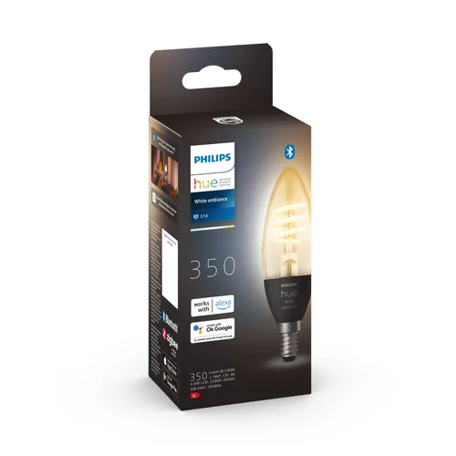 Philips Hue Leuchtmittel White Amb. Filament E14 Einzelpack - Lampensockel: E14 - Farbtemperatur Kelvin: 2200 bis 4500 K - Aussenanwendung: Nein - Gesamtleistung: 4.6 W - Leuchten Kategorie: Leuchtmittel - Lichtfarbe: Neutralweiss (NW) - Warmweiss (WW)