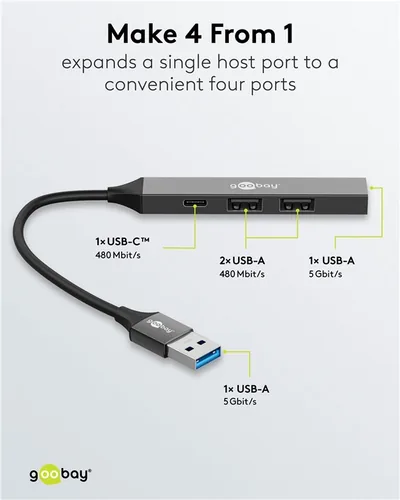 Slim 4-Port USB-Hub, USB-A auf USB-C/USB-A, USB 3.2 Gen 1