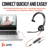 HP Poly Blackwire 3315 Monaural USB-C Headset +3.5mm Plug +USB-C/A Adapter