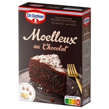 Dr.Oetker Backmischung Moelleux au Chocolat 385g - Nährwertangabe pro: 100 g - Energiegehalt (in kj): 1959 KJ - Energiegehalt (in kcal): 467 Kcal - Fett: 18 g - Gesättigte Fettsäuren: 14 g - Produkttyp: Kuchen