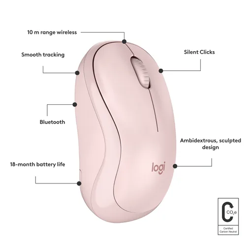 Logitech Maus M240 Silent Bluetooth - Maus-Typ: Mobile - Maus Features: Silent-Tasten - Scrollrad - Bedienungsseite: Universal - Detailfarbe: Pink - Rosa - Verbindungsart: Kabellos - Schnittstelle: Bluetooth