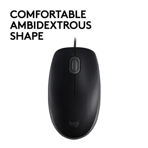 Logitech Maus B110 Silent - Maus-Typ: Standard - Maus Features: Silent-Tasten - Scrollrad - Bedienungsseite: Universal - Detailfarbe: Schwarz - Verbindungsart: Verkabelt - Schnittstelle: USB-A