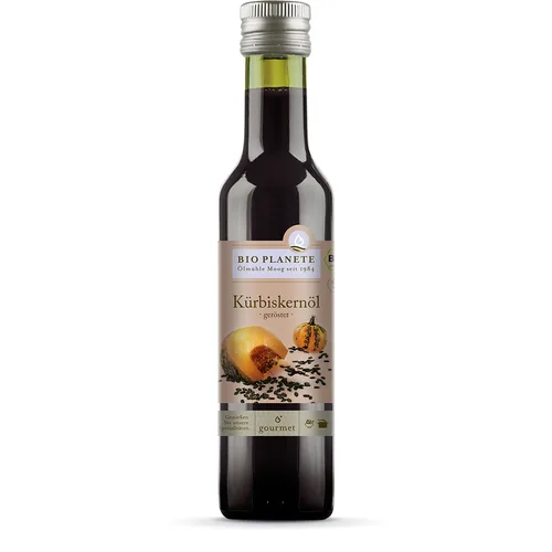 Bio Planete Kürbiskernöl geröstet 250 ml - Produkttyp: Kürbiskernöl - Nährwertangabe pro: 100 ml - Energiegehalt (in kj): 367 KJ - Energiegehalt (in kcal): 819 Kcal - Fett: 91 g - Gesättigte Fettsäuren: 16 g