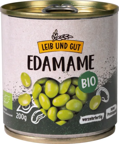 Leib und Gut Bio Edamame 200 g - Produkttyp: Hülsenfrüchte - Nährwertangabe pro: 100 g - Energiegehalt (in kj): 416 KJ - Energiegehalt (in kcal): 100 Kcal - Fett: 5.1 g - Gesättigte Fettsäuren: 0.9 g