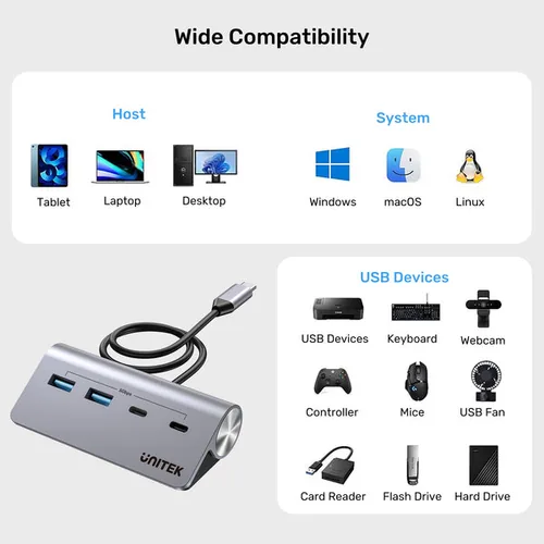 UNITEK ALUMINIUM USB-C HUB 2X USB-A 2X USB-C 5GBPS