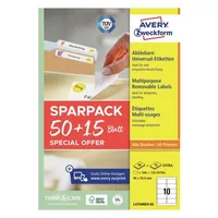 Avery Zweckform Universal-Etiketten L4744REV-65, 96 x 50.8 mm, 65 Blatt - Klebehaftung: Ablösbar - Drucker Kompatibilität: Inkjet - Laser - Anzahl Blatt: 65 × - Papierformat: A4 - Anzahl Etiketten: 650 - Etikettengrösse: 96 x 50.8 mm