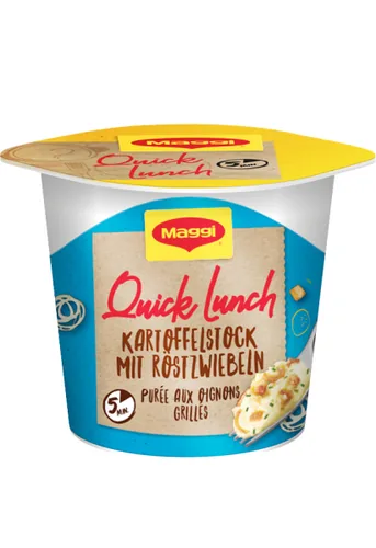 Maggi Quick Lunch Kartoffelstock mit Röstzwiebeln 56 g - Produkttyp: Kartoffelgerichte - Nährwertangabe pro: 100 g - Energiegehalt (in kj): 1894 KJ - Energiegehalt (in kcal): 452 Kcal - Fett: 21 g - Gesättigte Fettsäuren: 10 g