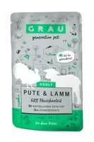 Grau Nassfutter Pute & Lamm, 16 x 125 g - Tierbedürfnis: Kein besonderes Bedürfnis - Geschmacksrichtung: Geflügel - Lamm - Zertifikate: Keine Zertifizierung - Fleischsorte: Truthahn - Lamm - Futtereigenschaft: Glutenfrei - Ohne Zuckerzusatz - Hoher Fleisc