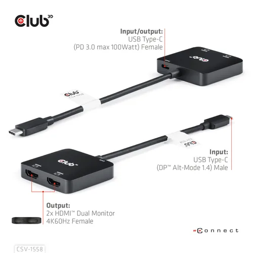CLUB3D USB-C® Hub to Dual HDMI™ 4K60Hz M/F+PD3.0 100 Watt