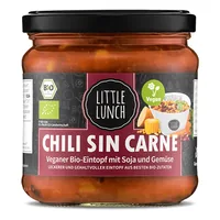 Little Lunch Chili sin Carne Bio 350 ml - Produkttyp: Gemüse - Nährwertangabe pro: 100 ml - Energiegehalt (in kj): 324 KJ - Energiegehalt (in kcal): 77 Kcal - Fett: 2.1 g - Gesättigte Fettsäuren: 0.4 g