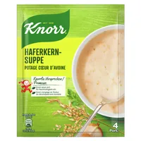 Knorr Haferkernsuppe 4 Portionen - Produkttyp: Beutelsuppen - Nährwertangabe pro: 100 g - Energiegehalt (in kj): 124 KJ - Energiegehalt (in kcal): 30 Kcal - Fett: 1.2 g - Gesättigte Fettsäuren: 0.6 g