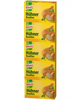 Knorr Hühner Bouillon Stange 5 x 2 Würfel - Produkttyp: Fleischbouillon - Nährwertangabe pro: 100 ml - Energiegehalt (in kj): 26 KJ - Energiegehalt (in kcal): 6 Kcal - Fett: 0.5 g - Gesättigte Fettsäuren: 0.3 g