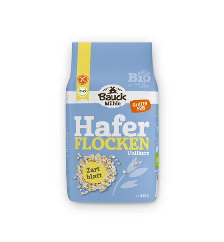 Bauck Mühle Haferflocken Zartblatt 425 g - Produkttyp: Getreide - Nährwertangabe pro: 100 g - Energiegehalt (in kj): 1560 KJ - Energiegehalt (in kcal): 370 Kcal - Fett: 6.7 g - Davon gesättigte Fettsäuren: 1.1 g