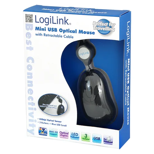 Logilink Maus USB Mini optisch 800dpi m. Kabeleinzug