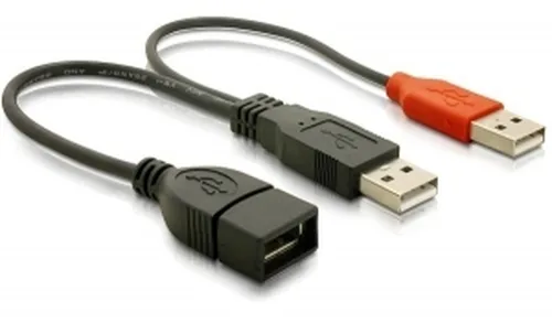 Delock USB 2.0-Y-Kabel  USB A - USB A 0.22 m - Kabeltyp: Adapterkabel - Detailfarbe: Schwarz - USB Standard: 2.0 (480 Mbps) - Länge: 0.22 m - USB Anschluss 2 (Endgerät): USB A - Geschlecht Anschluss 2 (Endgerät): Female (Buchse)