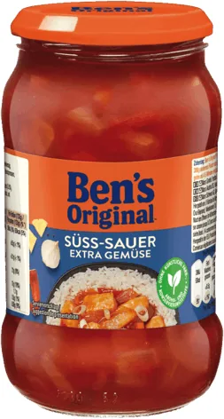 Ben's Original Sauce Sweet & Sour 400 g - Produkttyp: Asiatische Saucen - Nährwertangabe pro: 100 g - Energiegehalt (in kj): 356 KJ - Energiegehalt (in kcal): 85 Kcal - Fett: 0.2 g - Gesättigte Fettsäuren: 0 g